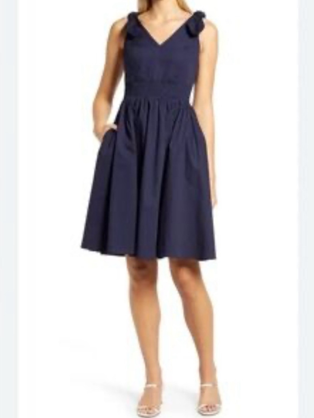 Navy Sleeveless V-Neck A-Line Dress with Bow-Shoulder Accents
